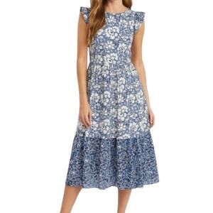 J.CREW Factory Blue White Floral Tiered Ruffled Short Sleeve Summer Dress Size 8